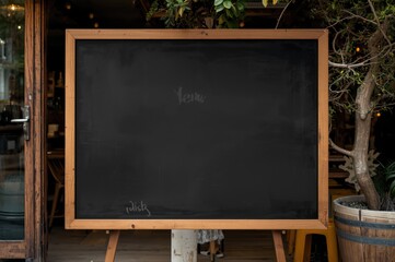 Elegant blank chalkboard menu board displaying the daily offerings outside a restaurant