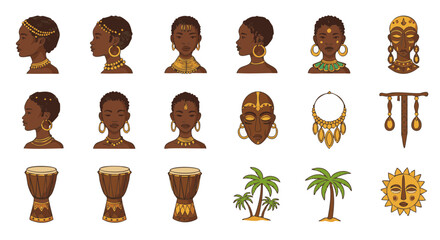 Vector icons set African girl with traditional head beads and jewelry