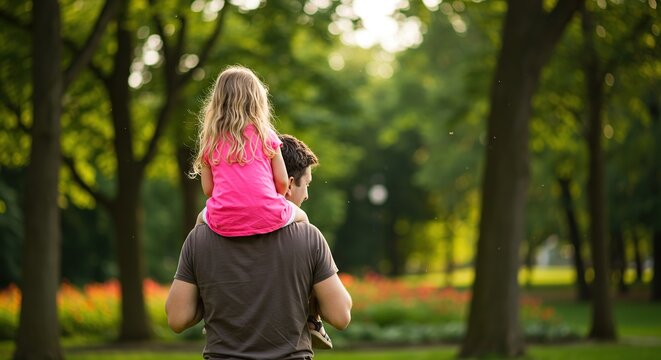 Father Carrying Daughter on Shoulders Enjoying a Sunny Day Together in the Park