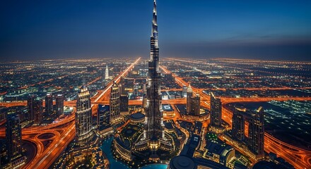 Naklejka premium Breathtaking Aerial View of Dubai's Futuristic Skyline at Dusk with Burj Khalifa