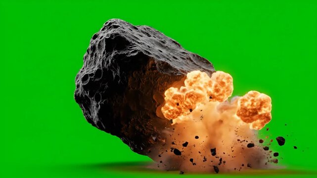 Asteroid Impact Explosion Green Screen - A large asteroid explodes on impact, creating a fiery burst of debris against a green screen background.