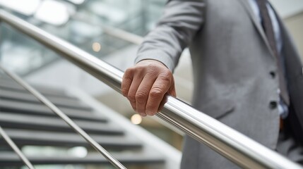 Businessman hand holding a metal railing while descending modern office stairs