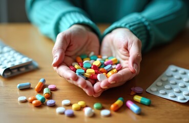 Person with mature hands holds many colorful pills. Various meds, vitamins, supplements in cupped palms, scattered on wooden table. Scene suggests important daily medicine intake, complex medical