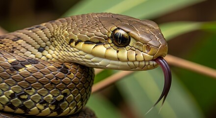 Obraz premium Close-up Macro Shot of a Snake's Head with Tongue Flicking Out in Natural Greenery