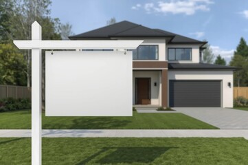 Real estate sign with modern home backdrop ideal for advertisements and property listings