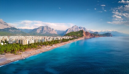 Obraz premium stunning views of the beach mountains and konyaalti park in antalya turkey a drone flies over the beach horizontal photo