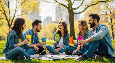 Group of Young Friends Enjoying Picnic and Drinks in Sunny City Park
A happy group of five young adults are sitting together on a picnic blanket on a sunny day in a vibrant city park
