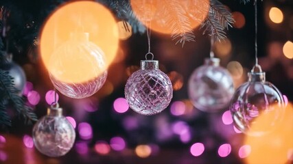 Close up of christmas ornaments with bokeh festive lights and soft focus - Powered by Adobe
