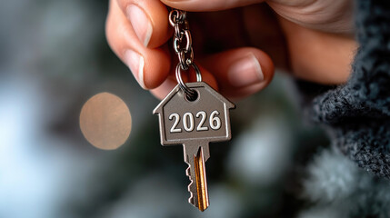Person's hand extending keys and a house-shaped keychain, signifying themes of buying a new home, securing property, future home plans, or a special Christmas present