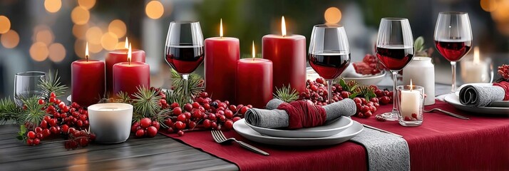 Elegant Christmas dinner table setting with red candles and wine glasses