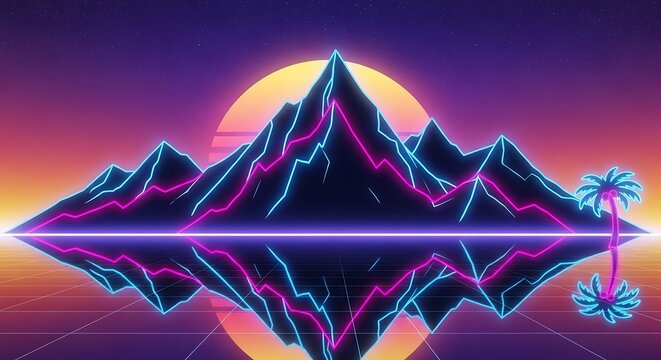 Neon illuminated mountain range reflected in tranquil waters under a synthwave sunset ambiance