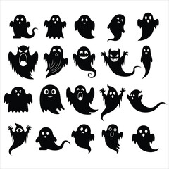 Collection of spooky and playful ghost silhouettes in various poses isolated on white background