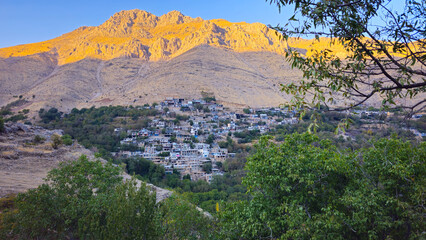A mountain-side village blends with seasonal vegetation and warm autumn light, capturing the harmony of human life and nature in a tranquil landscape.  
📍Kamalla village, Hawraman Takht 