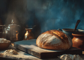 Ai freshly baked artisan bread on a wooden board with flour and kitchen utensils in a cozy setting