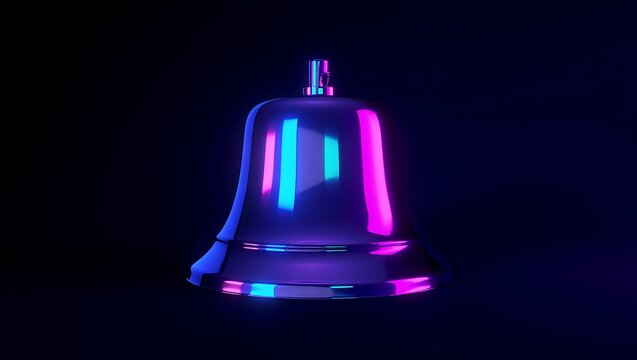 A solitary glass bell ornament illuminated by vibrant neon pink and blue lights against a deep black background creating a futuristic and artistic holiday decoration concept