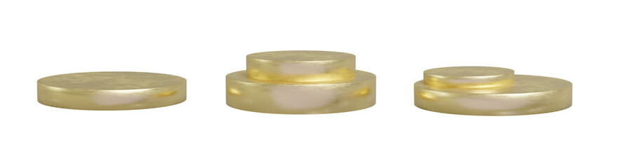 Set of 3d gold metallic cylinder stand podium on transparent background. Golden circle mockup, pedestal platform for product showcase.