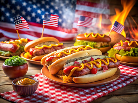 Classic american hot dogs and hamburgers at a backyard barbecue with us flags
