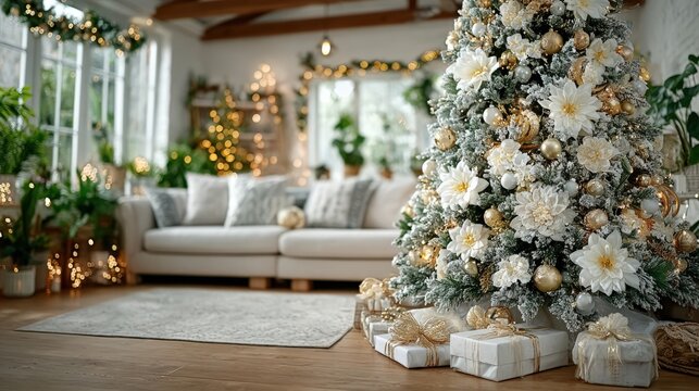 Cozy living room with elegant Christmas tree and wrapped gifts for festive holiday season