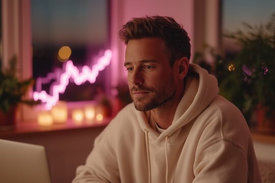 Young man works from home or office at night with laptop, observing a neon pink graph. Focus, analysis, and dedication in a modern work environment concept.