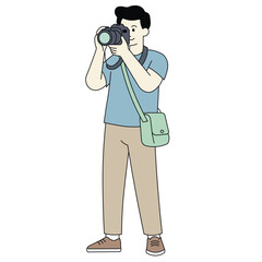 Illustration of a man holding a professional camera, capturing photos. Ideal for photography themes, creative projects, lifestyle visuals, and media concepts.