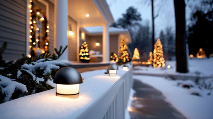 Glowing Christmas lights illuminating snow-covered suburban front yard, radiating festive warmth against dark winter nightscape, evoking holiday cheer and neighborhood spirit