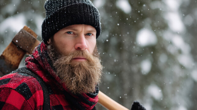 Lumberjack in winter attire holds an axe while standing in a snowy forest, showcasing rugged outdoor lifestyle and strength in nature