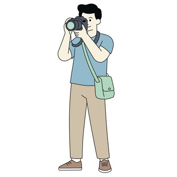 Illustration of a man holding a professional camera, capturing photos. Ideal for photography themes, creative projects, lifestyle visuals, and media concepts.