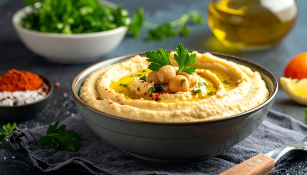 Delicious bowl of creamy hummus with chickpeas, herbs, and oil