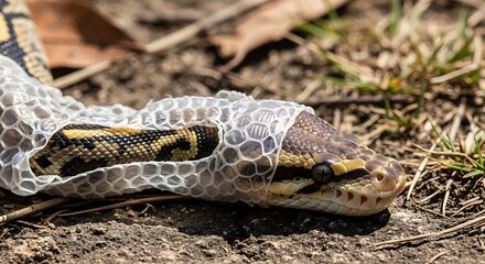Obraz premium Close-up of a Ball Python Snake Shedding Its Old Skin During a Molting Process
