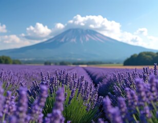 Lavender field with mountain. Rows of blooming lavandula plants on field. Beautiful nature landscape of lavender farm, blue sky and fluffy clouds. Aroma herb garden in summer sunny day.