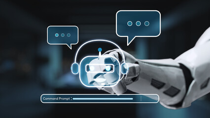 A robotic hand is engaging with a virtual chatbot interface, showcasing advanced technology in digital communication and automation within a high-tech setting. Synapse
