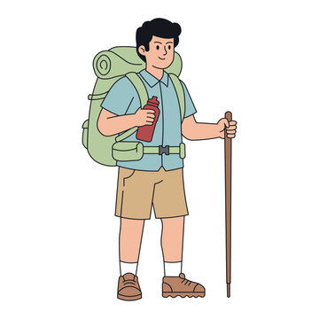 Illustration of a young man hiking with backpack, hiking stick, and water bottle. Great for travel, adventure, outdoor lifestyle, and tourism visuals.