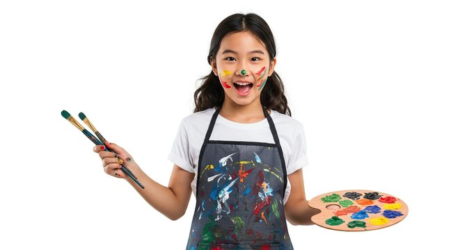 Young Creative Girl with Paint Splatter on Face Holding Brushes and Palette Isolated on White Background