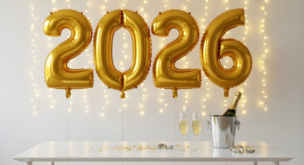 Golden balloons spelling out the year 2026, celebrating a new year with champagne.