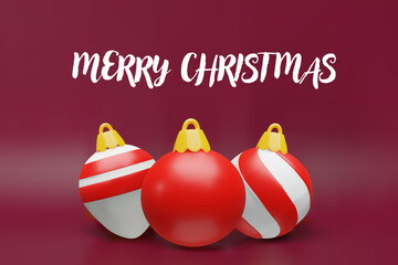 3D Festive Christmas poster with red baubles and modern lettering Merry Christmas on a red background. Perfect for holiday greeting cards, seasonal invitations, banners, posters, New Year promotions.