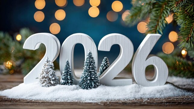 Festive new year 2026 scene with snow and miniature pine trees