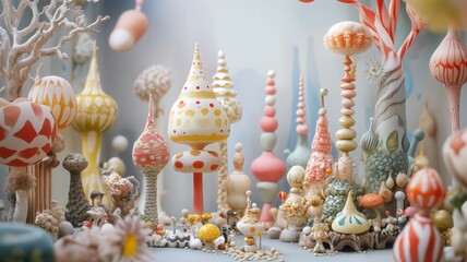 A fantastical and whimsical miniature landscape of a surreal candy land with colorful, ornate mushroom spires and sweet structures