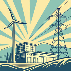 Modern industrial landscape featuring a wind turbine and power lines against a stylized sunburst background