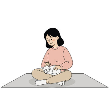 Illustration of a girl sitting on the floor petting a cat on her lap. Perfect for pet care, animal lover, hobby, and home lifestyle visuals.