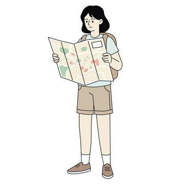 Illustration of a woman holding a map while traveling. Perfect for tourism, journey, outdoor lifestyle, and adventure-related design themes.