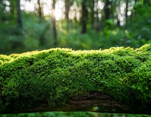 close up of green moss growing on a wood the moss is dense and lush in green forest