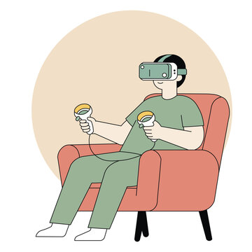 Illustration of a man sitting in chair wearing VR headset and holding controllers. Perfect for gaming, virtual reality, digital lifestyle, and entertainment themes.