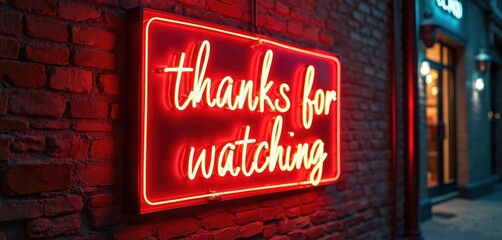 Red neon sign with yellow text says thanks for watching on brick wall. Glowing brightly in dark. Modern thank you message with urban aesthetic.