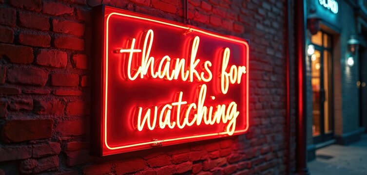 Red neon sign with yellow text says thanks for watching on brick wall. Glowing brightly in dark. Modern thank you message with urban aesthetic.
