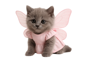 Grey kitten in a pink fairy costume. Halloween. Kids poster.