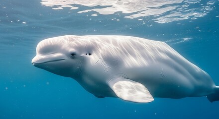 Naklejka premium Beluga Whale Swimming Gracefully Underwater in Clear Blue Arctic Ocean Water