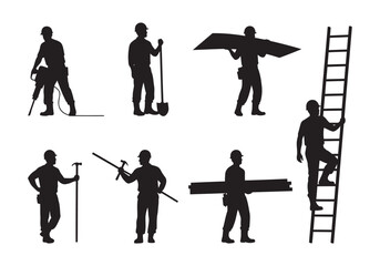 Construction Worker Silhouettes with Tools and Equipment Vector Set