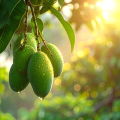 Fresh mangoes on a tree bathed in sunlight