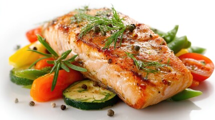 Gourmet Salmon Dish: An exquisitely prepared salmon fillet rests atop a bed of vibrant, colorful vegetables, artfully arranged, evoking the freshness and flavors of fine dining.