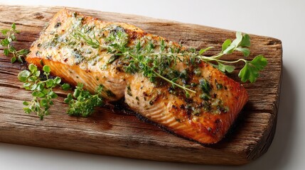 Grilled Salmon on Rustic Wooden Board: A mouthwatering, perfectly grilled salmon fillet, seasoned with herbs, rests on a rustic wooden board, inviting taste and freshness.